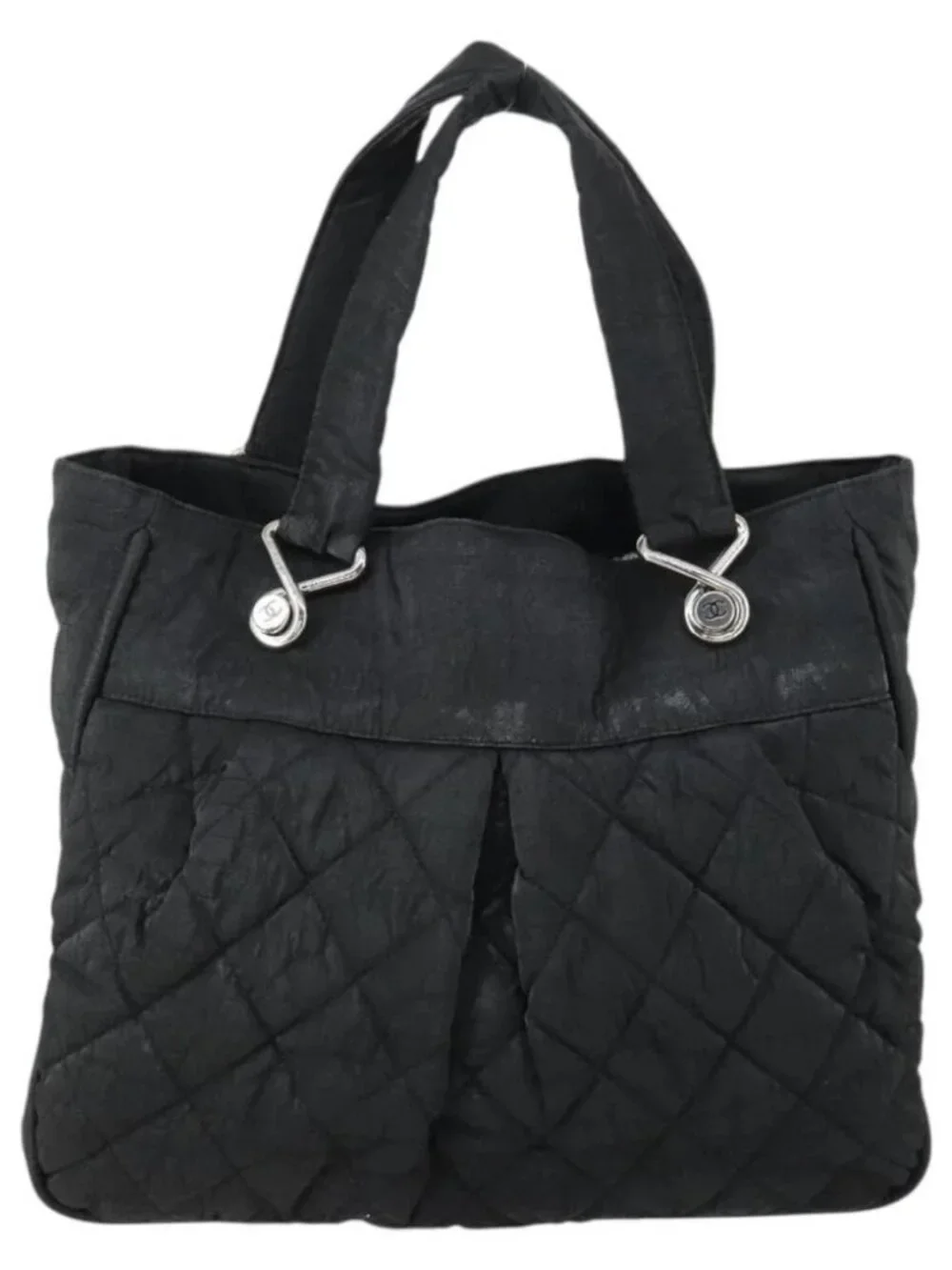 CHANEL Matelasse Tote Bag Coated Canvas Black Silver CC Auth 160260
